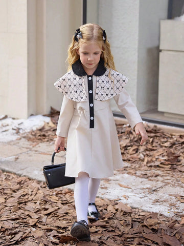Young Girl Cute Bow Print Khaki Long Sleeve White Button Casual Dress, Fashion Sibling Outfits, Matching Outfits (2 Pieces Sold Separately)