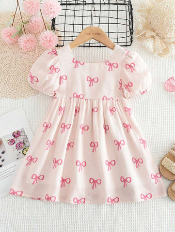 Young Girl Cute Bow Print Textured Short-Sleeved Dress For Summer