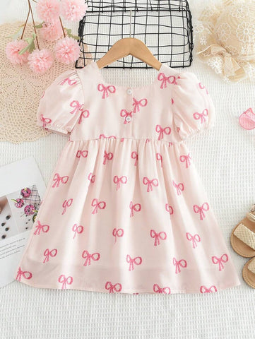 Young Girl Cute Bow Print Textured Short-Sleeved Dress For Summer