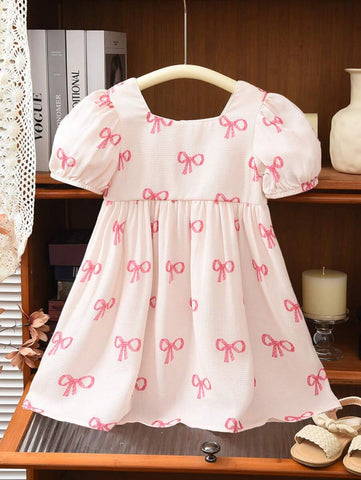 Young Girl Cute Bow Print Textured Short-Sleeved Dress For Summer