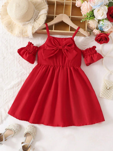 Young Girl' Cute Bowknot Decor Open Shoulder Short Sleeve Dress, Stylish Princess Dress Suitable For Casual Or Party Wear In Summer