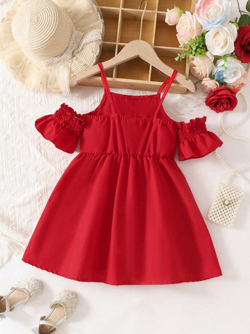 Young Girl' Cute Bowknot Decor Open Shoulder Short Sleeve Dress, Stylish Princess Dress Suitable For Casual Or Party Wear In Summer
