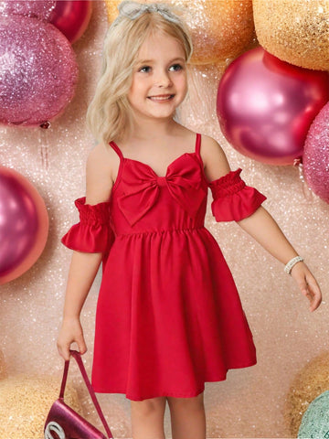 Young Girl' Cute Bowknot Decor Open Shoulder Short Sleeve Dress, Stylish Princess Dress Suitable For Casual Or Party Wear In Summer