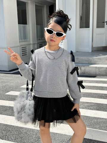 Young Girl Cute Bowknot Decor Round Neck Dress, Suitable For Everyday Wear , Casual, Vacation, Great For Casual & Daily Wear & School Daily
