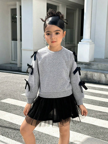 Young Girl Cute Bowknot Decor Round Neck Dress, Suitable For Everyday Wear , Casual, Vacation, Great For Casual & Daily Wear & School Daily