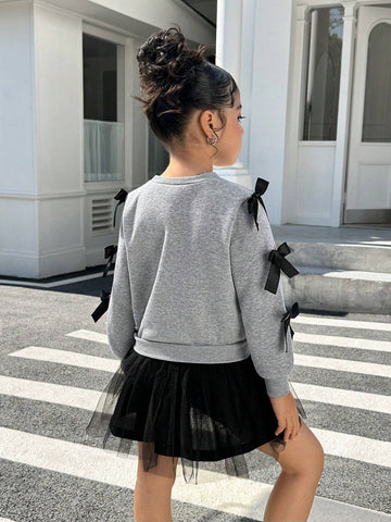 Young Girl Cute Bowknot Decor Round Neck Dress, Suitable For Everyday Wear , Casual, Vacation, Great For Casual & Daily Wear & School Daily