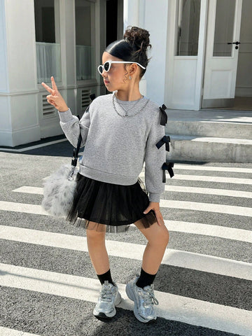Young Girl Cute Bowknot Decor Round Neck Dress, Suitable For Everyday Wear , Casual, Vacation, Great For Casual & Daily Wear & School Daily