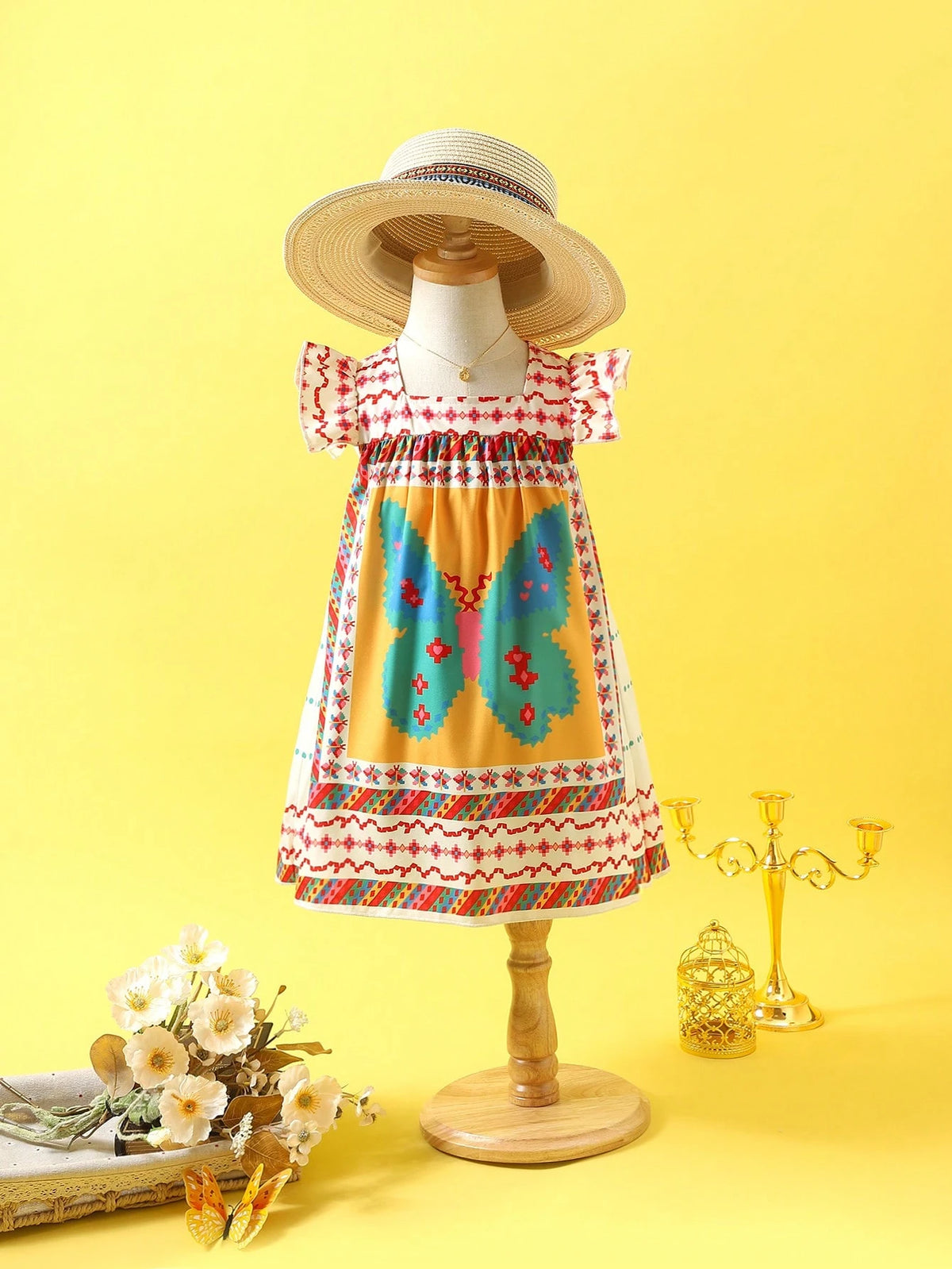Young Girl Cute Butterfly Retro Pattern Vacation Dress