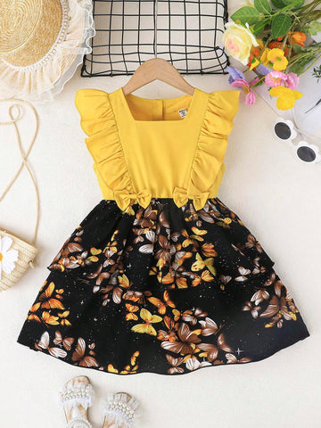 Young Girl Cute Cap Sleeve Bow Waistline Butterfly Print Flare Dress, Spring/Summer