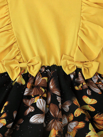 Young Girl Cute Cap Sleeve Bow Waistline Butterfly Print Flare Dress, Spring/Summer