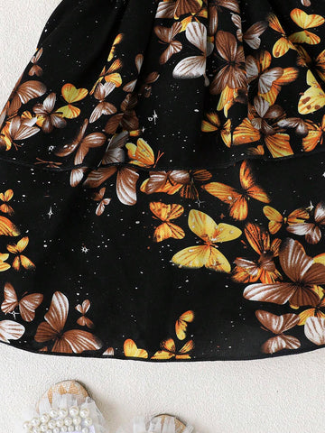 Young Girl Cute Cap Sleeve Bow Waistline Butterfly Print Flare Dress, Spring/Summer