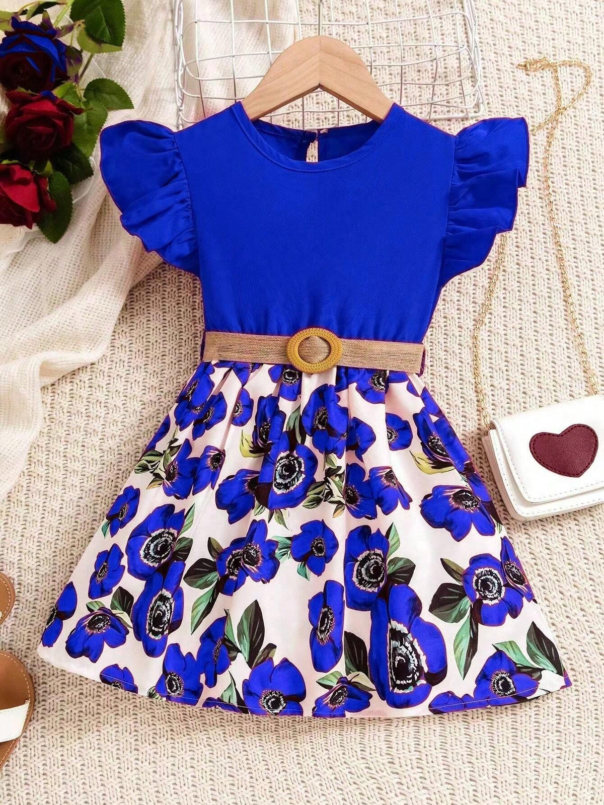 Young Girl Cute Cap Sleeve Floral Print Belted A-Line Dress