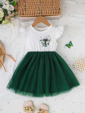 Young Girl Cute Cap Sleeve Round Neck Pretty Butterfly Flower Print Splice Mesh Dress, Fashion Outdoor Casual