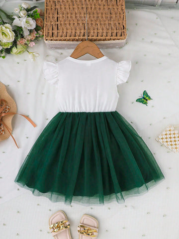 Young Girl Cute Cap Sleeve Round Neck Pretty Butterfly Flower Print Splice Mesh Dress, Fashion Outdoor Casual