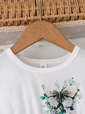 Young Girl Cute Cap Sleeve Round Neck Pretty Butterfly Flower Print Splice Mesh Dress, Fashion Outdoor Casual