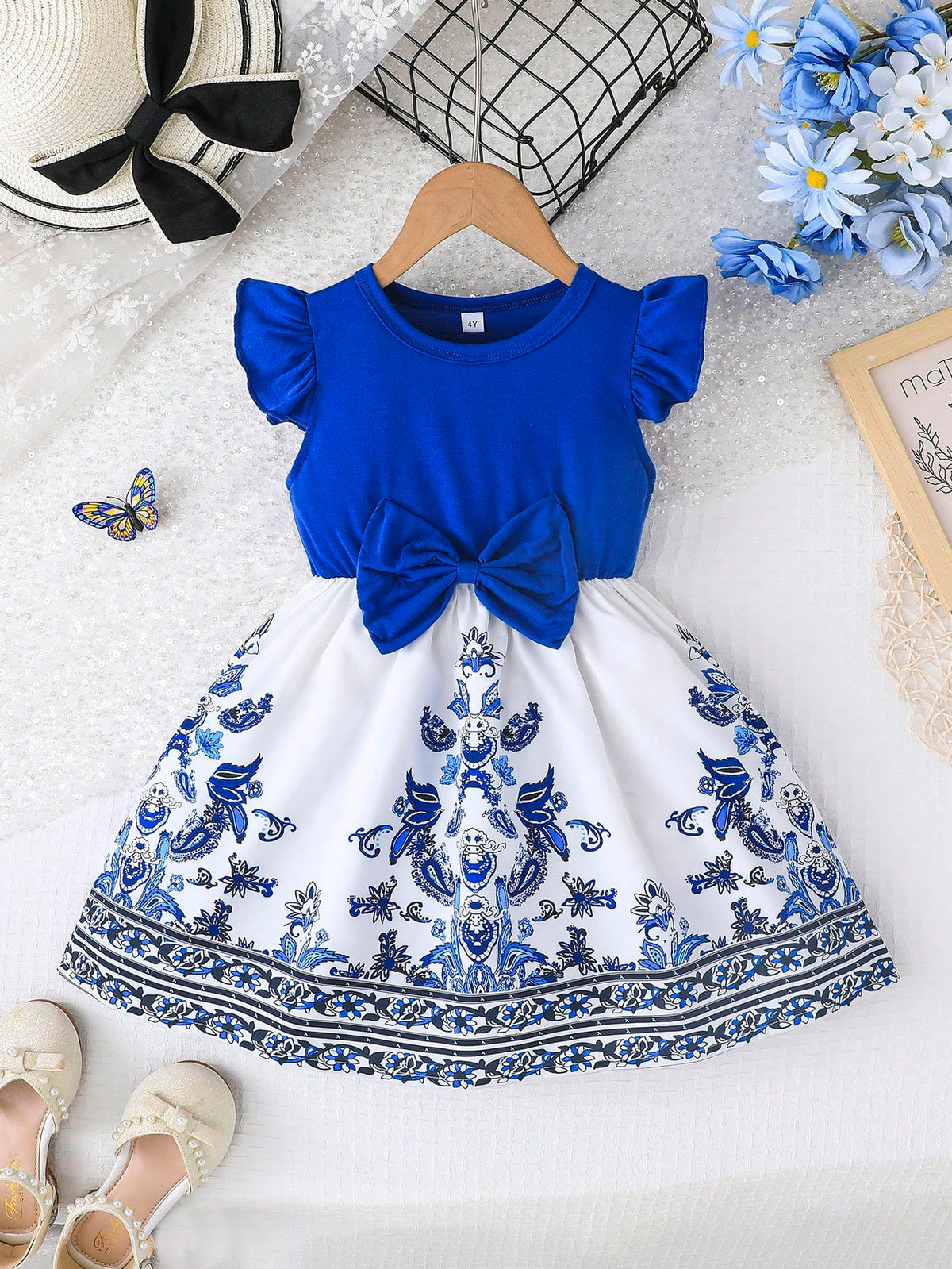 Young Girl' Cute Cap Sleeve Round Neck Sweet Bowknot Print Patchwork Casual Dress, Fashionable For Outdoor, Summer