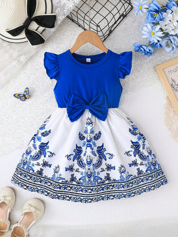 Young Girl' Cute Cap Sleeve Round Neck Sweet Bowknot Print Patchwork Casual Dress, Fashionable For Outdoor, Summer