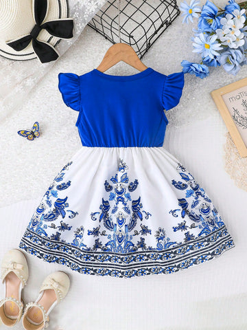 Young Girl' Cute Cap Sleeve Round Neck Sweet Bowknot Print Patchwork Casual Dress, Fashionable For Outdoor, Summer