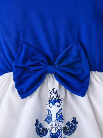 Young Girl' Cute Cap Sleeve Round Neck Sweet Bowknot Print Patchwork Casual Dress, Fashionable For Outdoor, Summer