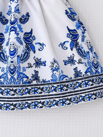 Young Girl' Cute Cap Sleeve Round Neck Sweet Bowknot Print Patchwork Casual Dress, Fashionable For Outdoor, Summer