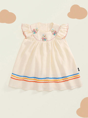Young Girl Cute Cartoon Bear Embroidery Ruffle Trim Dress For Summer