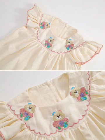 Young Girl Cute Cartoon Bear Embroidery Ruffle Trim Dress For Summer