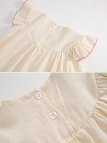 Young Girl Cute Cartoon Bear Embroidery Ruffle Trim Dress For Summer