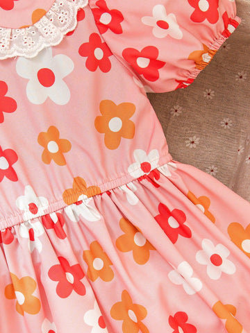 Young Girl Cute Cartoon Flower Pattern Dress With Peter Pan Collar Design, Puff Skirt Creates Dimensional Charm, Suitable For Daily Wear