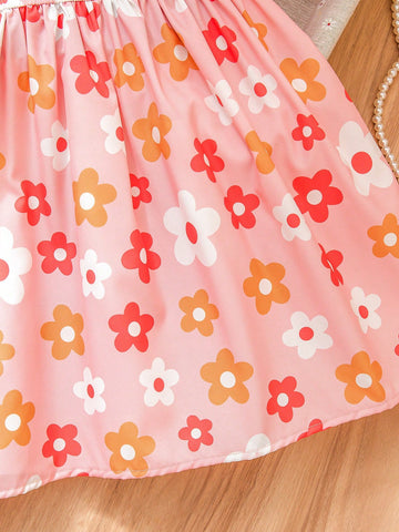 Young Girl Cute Cartoon Flower Pattern Dress With Peter Pan Collar Design, Puff Skirt Creates Dimensional Charm, Suitable For Daily Wear