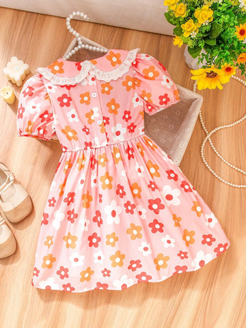 Young Girl Cute Cartoon Flower Pattern Dress With Peter Pan Collar Design, Puff Skirt Creates Dimensional Charm, Suitable For Daily Wear