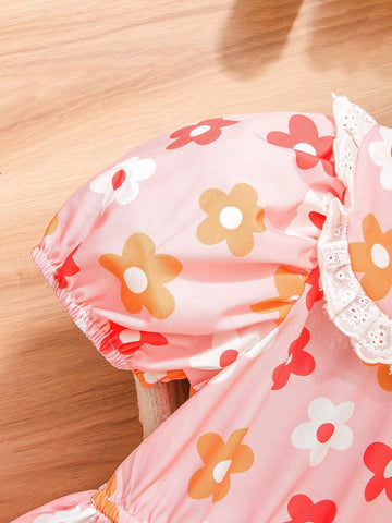 Young Girl Cute Cartoon Flower Pattern Dress With Peter Pan Collar Design, Puff Skirt Creates Dimensional Charm, Suitable For Daily Wear