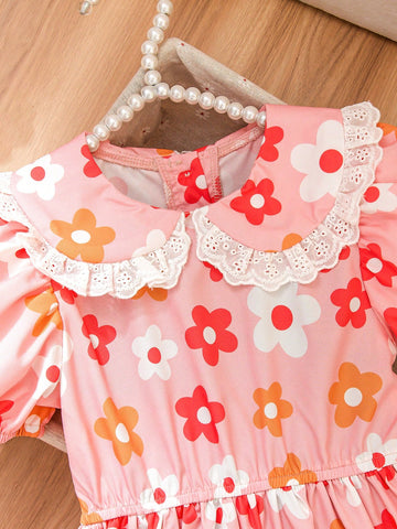 Young Girl Cute Cartoon Flower Pattern Dress With Peter Pan Collar Design, Puff Skirt Creates Dimensional Charm, Suitable For Daily Wear