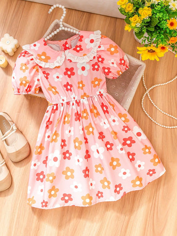 Young Girl Cute Cartoon Flower Pattern Dress With Peter Pan Collar Design, Puff Skirt Creates Dimensional Charm, Suitable For Daily Wear