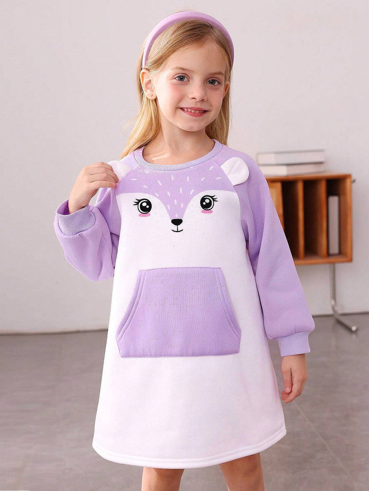 Young Girl Cute Cartoon Pattern Colorblock Long Sleeve Dress, Autumn/Winter, Warm & Comfortable