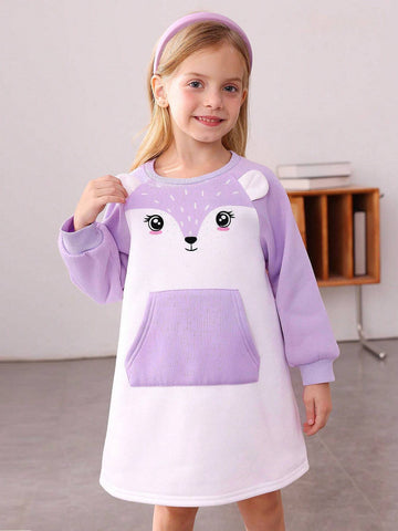 Young Girl Cute Cartoon Pattern Colorblock Long Sleeve Dress, Autumn/Winter, Warm & Comfortable
