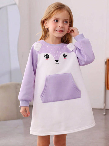 Young Girl Cute Cartoon Pattern Colorblock Long Sleeve Dress, Autumn/Winter, Warm & Comfortable