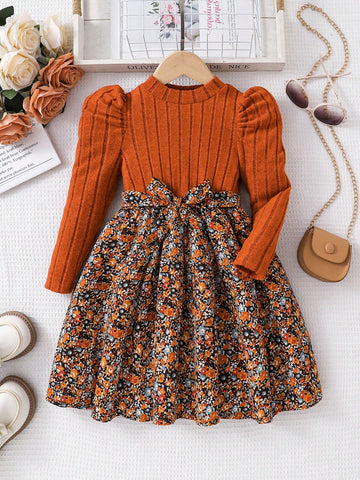 Young Girl Cute Casual Colorful Floral Patchwork School Style Dress With Big Bowknot Detail, Ruffle Trim Long Sleeve
