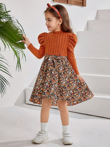 Young Girl Cute Casual Colorful Floral Patchwork School Style Dress With Big Bowknot Detail, Ruffle Trim Long Sleeve