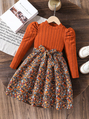 Young Girl Cute Casual Colorful Floral Patchwork School Style Dress With Big Bowknot Detail, Ruffle Trim Long Sleeve