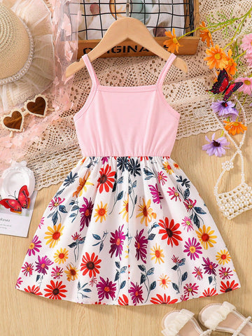 Young Girl Cute Casual Ditsy Floral Suspender A-Line Dress, Summer
