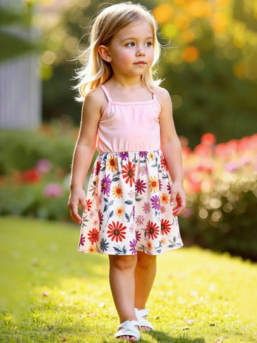 Young Girl Cute Casual Ditsy Floral Suspender A-Line Dress, Summer