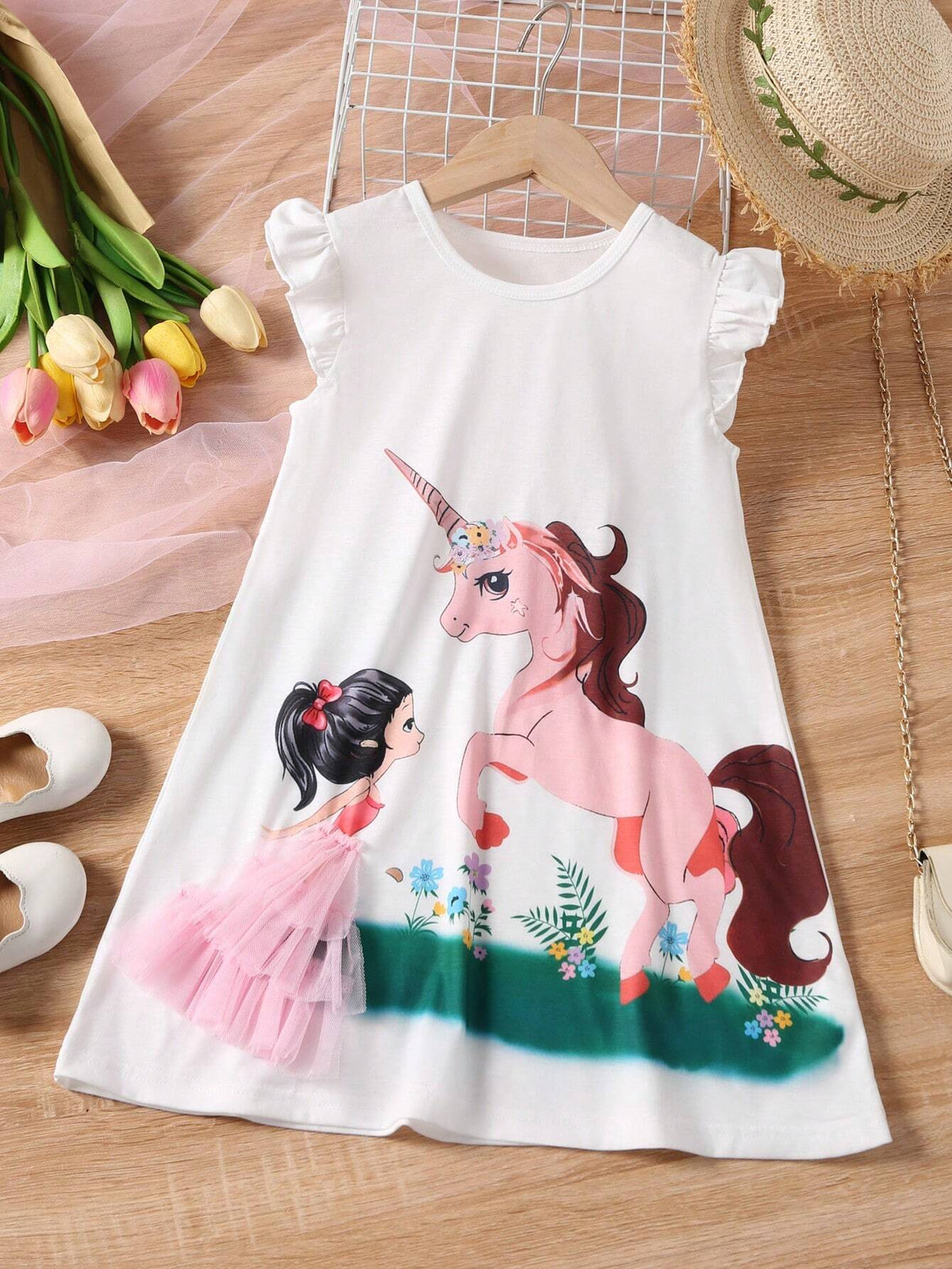 Young Girl Cute Casual Floral Lace Dress With Fly Sleeve, Round Neckline, A-Line Skirt And 3D Decoration, Summer