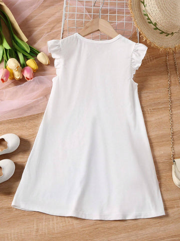 Young Girl Cute Casual Floral Lace Dress With Fly Sleeve, Round Neckline, A-Line Skirt And 3D Decoration, Summer