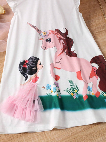 Young Girl Cute Casual Floral Lace Dress With Fly Sleeve, Round Neckline, A-Line Skirt And 3D Decoration, Summer