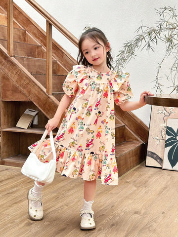 Young Girl Cute Casual Fun Cartoon Print ,Featuring Cute Graffiti Pattern,Woven Ditsy Floral Ruffled Hem Loose Casual Dress With Round Neck And Puff Short Sleeves
