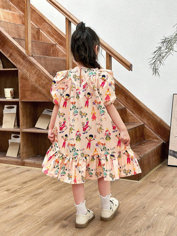 Young Girl Cute Casual Fun Cartoon Print ,Featuring Cute Graffiti Pattern,Woven Ditsy Floral Ruffled Hem Loose Casual Dress With Round Neck And Puff Short Sleeves