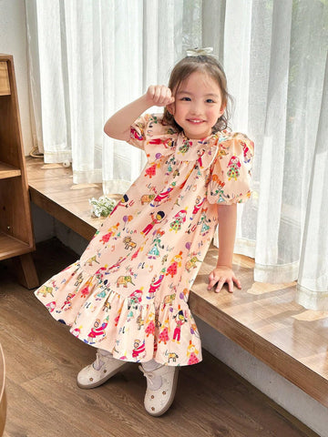 Young Girl Cute Casual Fun Cartoon Print ,Featuring Cute Graffiti Pattern,Woven Ditsy Floral Ruffled Hem Loose Casual Dress With Round Neck And Puff Short Sleeves