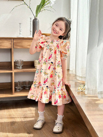 Young Girl Cute Casual Fun Cartoon Print ,Featuring Cute Graffiti Pattern,Woven Ditsy Floral Ruffled Hem Loose Casual Dress With Round Neck And Puff Short Sleeves