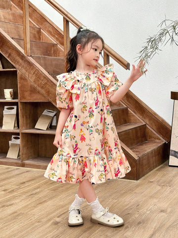 Young Girl Cute Casual Fun Cartoon Print ,Featuring Cute Graffiti Pattern,Woven Ditsy Floral Ruffled Hem Loose Casual Dress With Round Neck And Puff Short Sleeves