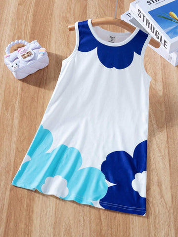 Young Girl Cute Casual Sleeveless Digital Flower Print A-Line Dress With Round Neckline For Summer